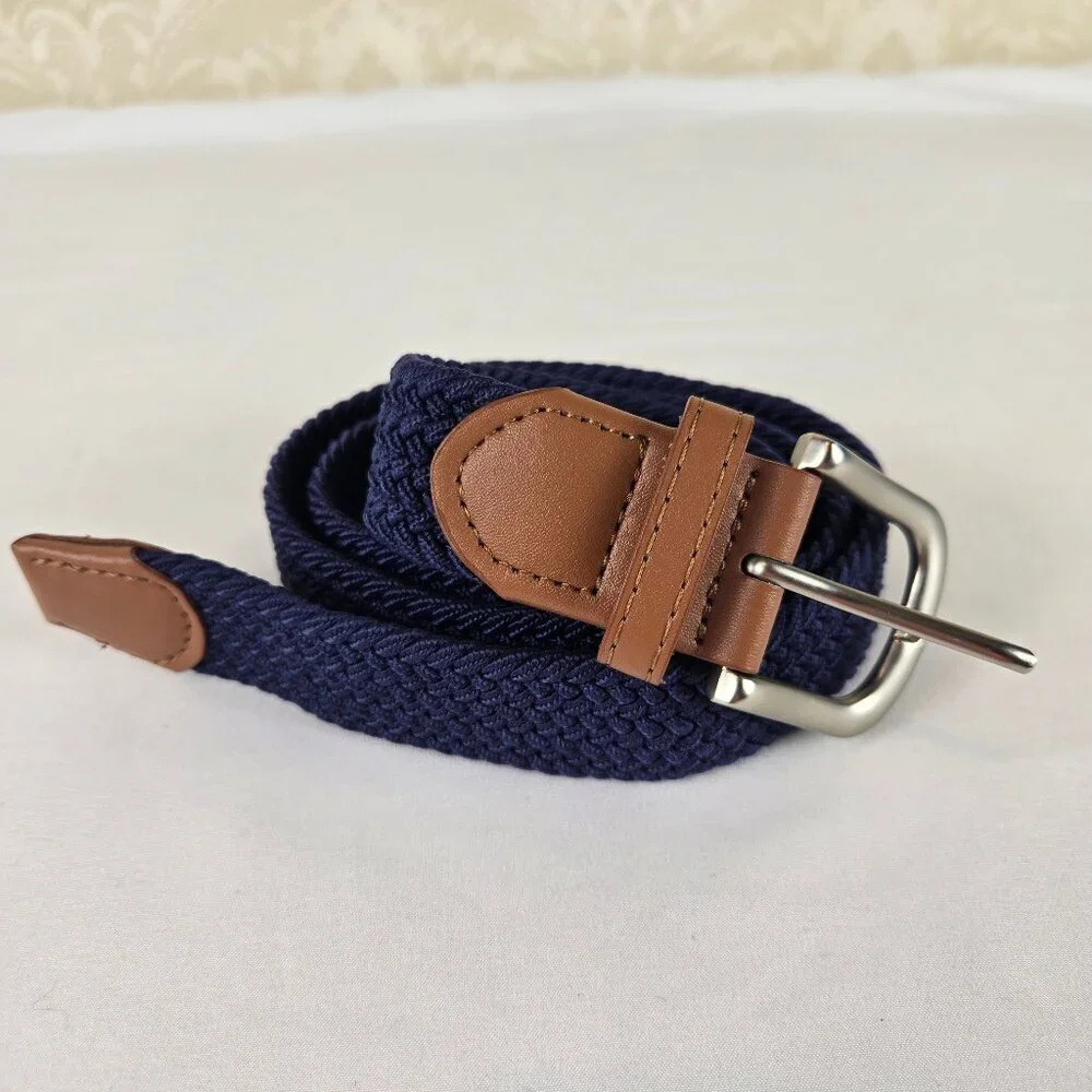 Mugsy Navy Blue Woven Belt Brown Tabs Brushed Silver Hardware One Size Fits Most
